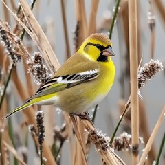 Obraz premium Bright yellow bird perched gracefully among winter reeds in a tranquil natural setting