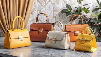 Elegant collection of stylish handbags displayed on a marble surface with decorative background.
