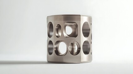 A metallic cylindrical component with multiple holes, likely used in machinery or engineering.