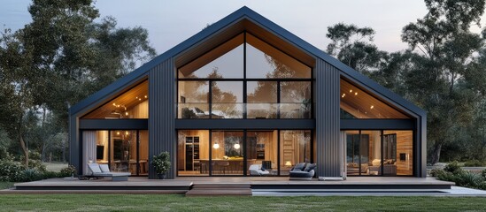 Fototapeta premium A rendered barn house design featuring a stylish mezzanine and expansive windows. 