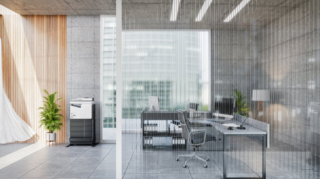 Modern office interior with glass partitions, minimalistic decor, and natural light...