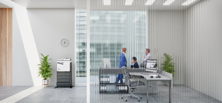 Modern office interior with glass partitions, minimalistic decor, and natural light...