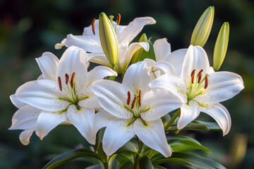 Close-up view of elegant white lilies blooming in a sunlit garden setting during springtime