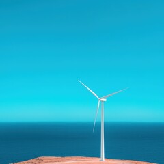Wind Turbine Above Bright Blue Ocean Horizon