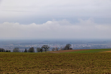 View from Marktgräflerland in the Rhine Valley to the cloud-covered mountains of the Black Forest