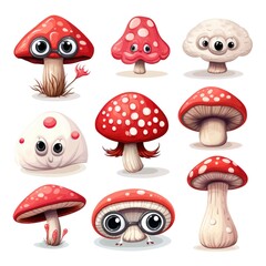 Fototapeta premium Adorable cartoon mushrooms with cute expressions and big eyes