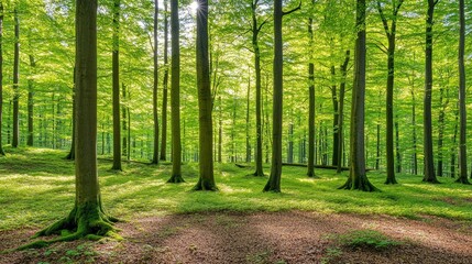 Obraz premium Sunbeams Filtering Through Lush Green Forest Canopy