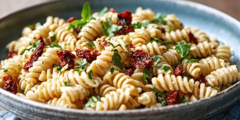 Pasta served with sun dried tomatoes along with Caprese cheese makes for a delightful and flavorful dish featuring rich ingredients like sun dried tomatoes and creamy Caprese.