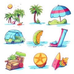 Naklejka premium Summer beach icons: tropical vibes with pineapple, umbrella, and palm tree illustrations