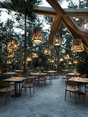 A modern restaurant patio with wooden tables and chairs under a glass canopy. The patio is surrounded by trees and illuminated by hanging lights.