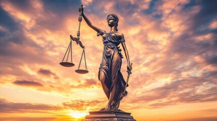 Lady Justice Statue with Scales of Justice at Sunset