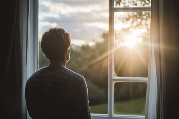 Pensive Young Man Looking Out Window at Sunset, Reflecting and Contemplating in Natural Light.