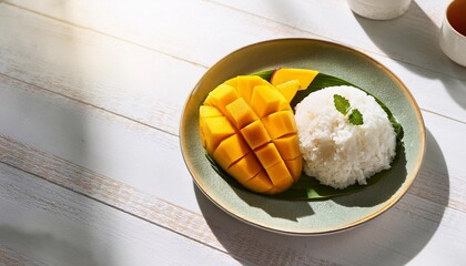 Ripe mango and sticky rice on wooden table
