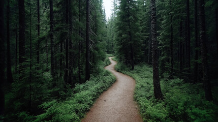 Winding dirt path through lush dense forest with tall evergreen trees and vibrant green foliage creating a serene natural landscape.