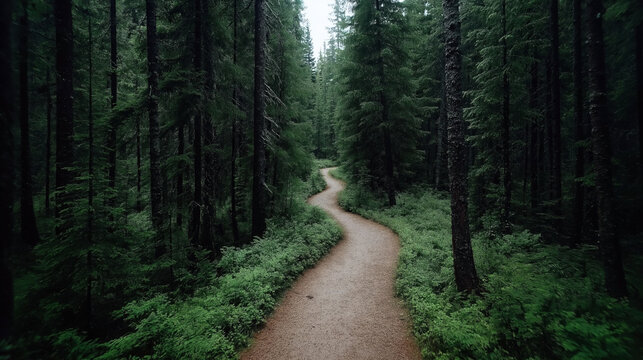 Winding dirt path through lush dense forest with tall evergreen trees and vibrant green foliage creating a serene natural landscape.