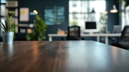 Dark wood table combined with a bokeh office background creates an ideal setting for product display montage. The high-quality photo captures depth and ambiance with ample copy space.