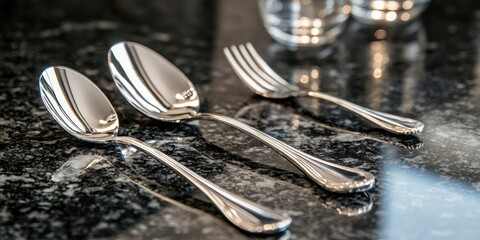 Granite table accompanied by spoons and forks, showcasing a beautiful setting that highlights the elegance of the granite surface alongside the dining utensils provided.