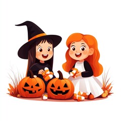 Fototapeta premium cute trickortreaters with candy corn, happily collecting treats, cartoonish style, simple lines, pastel tones, friendly and inviting Halloween scene