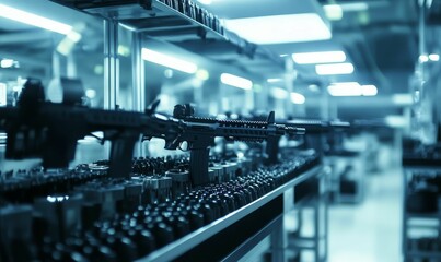 Fototapeta premium Rows of black firearms in a factory.