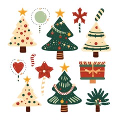 Festive christmas trees and gifts pattern with decorative elements