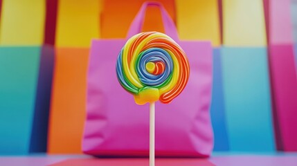 Colorful rainbow lollipop positioned in front of a vibrant rainbow bag, creating an eye-catching composition with ample space for creative design. Rainbow elements enhance the visual appeal.