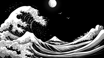 The Great Wave off Kanagawa, Black and White Illustration