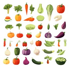 Colorful array of fresh vegetables and fruits on a white background
