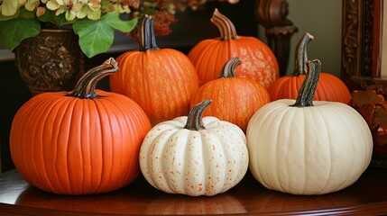 A stunning display of orange and white pumpkins on a rustic table.