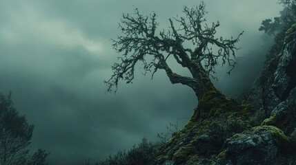 Obraz premium A solitary, gnarled tree stands on a rocky outcrop amidst a misty, atmospheric landscape.