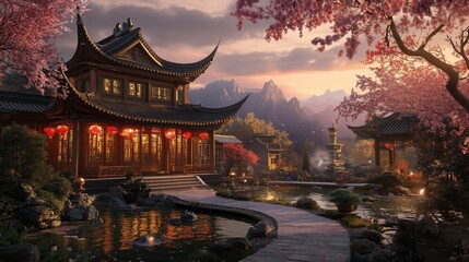 Fototapeta premium A serene Chinese house in a lush garden glows at sunset amid cherry blossoms and a koi pond.