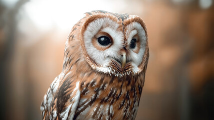 Naklejka premium Close-up of a tawny owl with detailed feathers in a natural outdoor setting. The owl is looking towards the camera, highlighting its large eyes and intricate plumage patterns.