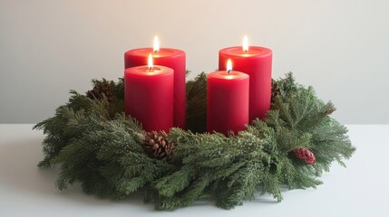 Christmas advent wreath with four red candles, beautifully arranged with a lush evergreen wreath, offers a festive touch perfect for seasonal decor. Ample copy space invites customization.