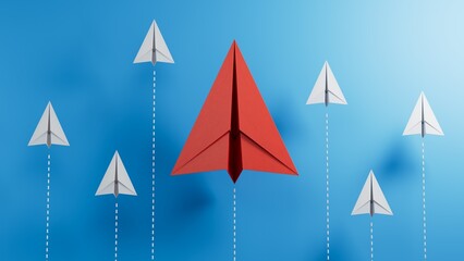 Small business, Business competition concept with paper plane.new ideas. paper art style. creative idea.3D rendering on blue background.