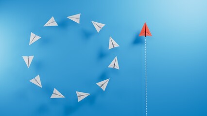 Group of white paper planes fly in a circle and one red paper plane pointing in different way . Business for new ideas creativity, innovative and solution concept.3D rendering on blue background.