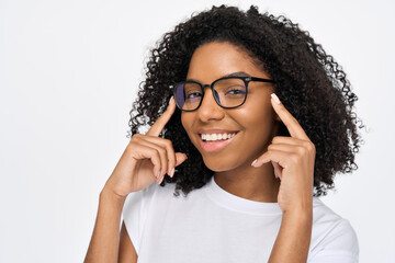 Happy smiling young adult African American woman wearing luxury modern stylish eyeglasses looking at camera advertising glasses or optics store isolated on white background. Close up photo