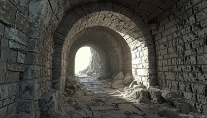 Obraz premium A dimly lit stone tunnel with arched openings, revealing light at the end, suggesting an ancient or abandoned pathway.