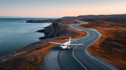 A small airplane parked on a winding coastal road surrounded by rocky terrain and adjacent to a calm ocean during sunrise or sunset.