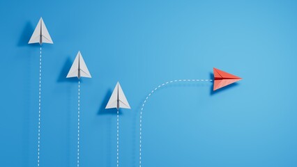 Red paper plane out of line with white paper to change disrupt and finding new normal way on blue background. Lift and business creativity new idea to discovery innovation technology.