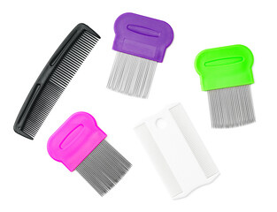 Colorful plastic and metal combs on a white background