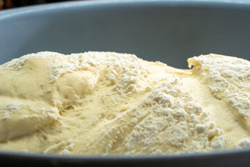 Raw yeast dough. Bread baking. Food concept