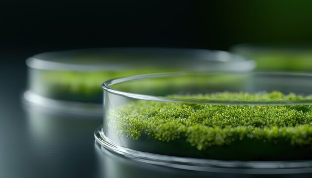 A close-up view of micro fungus Trichoderma growing in a petri dish, highlighting its vibrant green color and detailed texture in a laboratory setting.