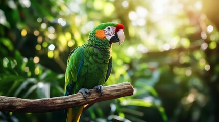 A vibrant parrot perched on a branch amidst lush greenery, illuminated by soft sunlight.