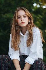 Obraz premium Young woman with long brown hair wearing white shirt and checkered pants sitting in a park in a preppy style fashion shoot