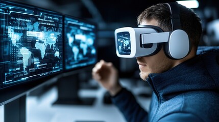 A man experiences virtual reality using a headset, surrounded by immersive data visualizations and futuristic technology.