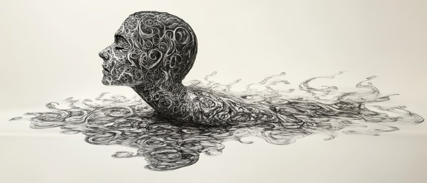 A figure engulfed by floating thoughts and intricate patterns, symbolizing the bewildering complexities of the human mind and the depth of inner contemplation