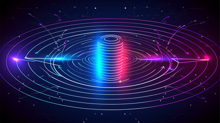 Abstract magnetic field visualization with glowing lines and arrows representing the flow of magnetic force around a central object in a dark, empty space. 