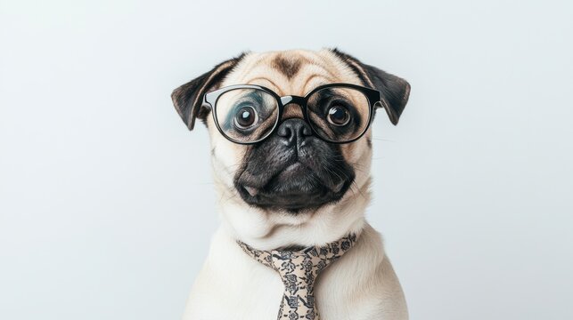 Pug wearing classic round glasses and a patterned tie