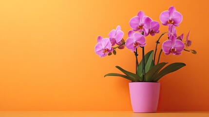 Fototapeta premium Vibrant orchids arranged in a pink pot create a stunning visual against an orange background, with ample copy space to highlight the beauty of orchids in the composition.