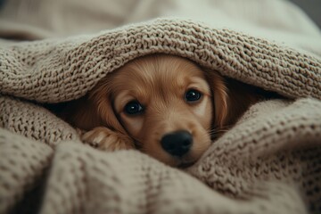 A cozy dog snuggled in a soft knitted blanket on a chilly day, radiating warmth and comfort in its surroundings