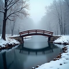 Beautiful wooden bridge over a calm river as snow falls in winter with beautiful natural background